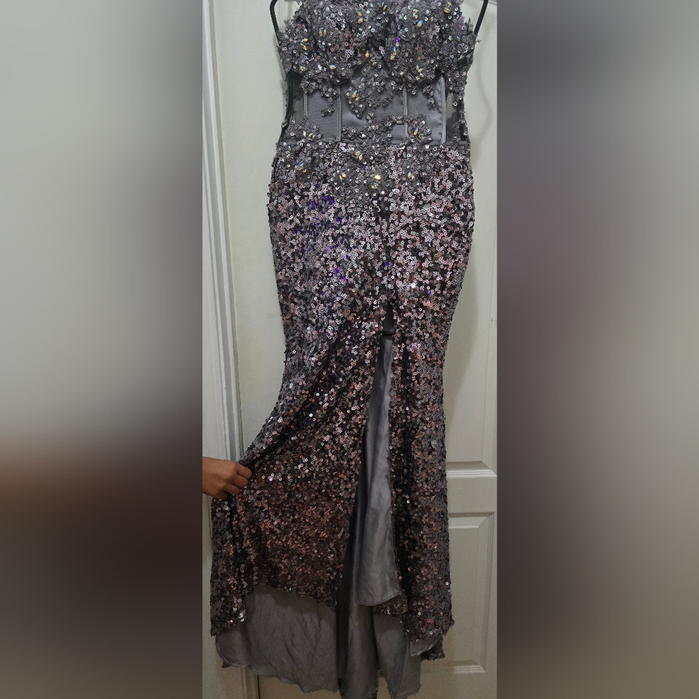 Party Time Formals Purple Sequin Midi Dress Fit and Flare